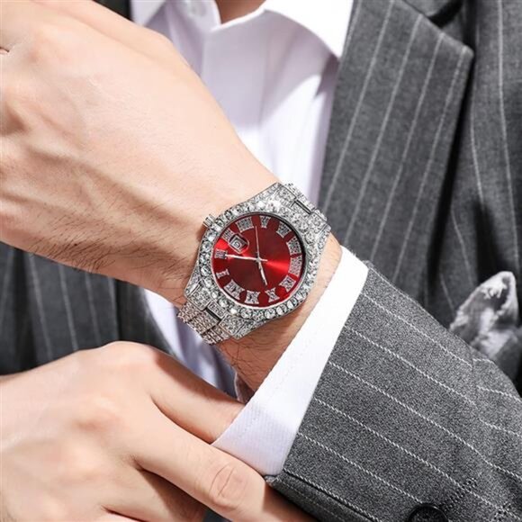 Men's Diamond Watch Fashion Crystal Rhinestone Quartz Analog Watch Iced-Out - Picture 5 of 7